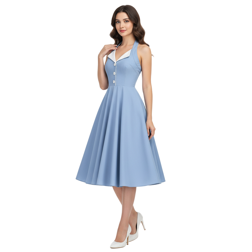 Women's 1950s Purple Halter Neck Swing Dress