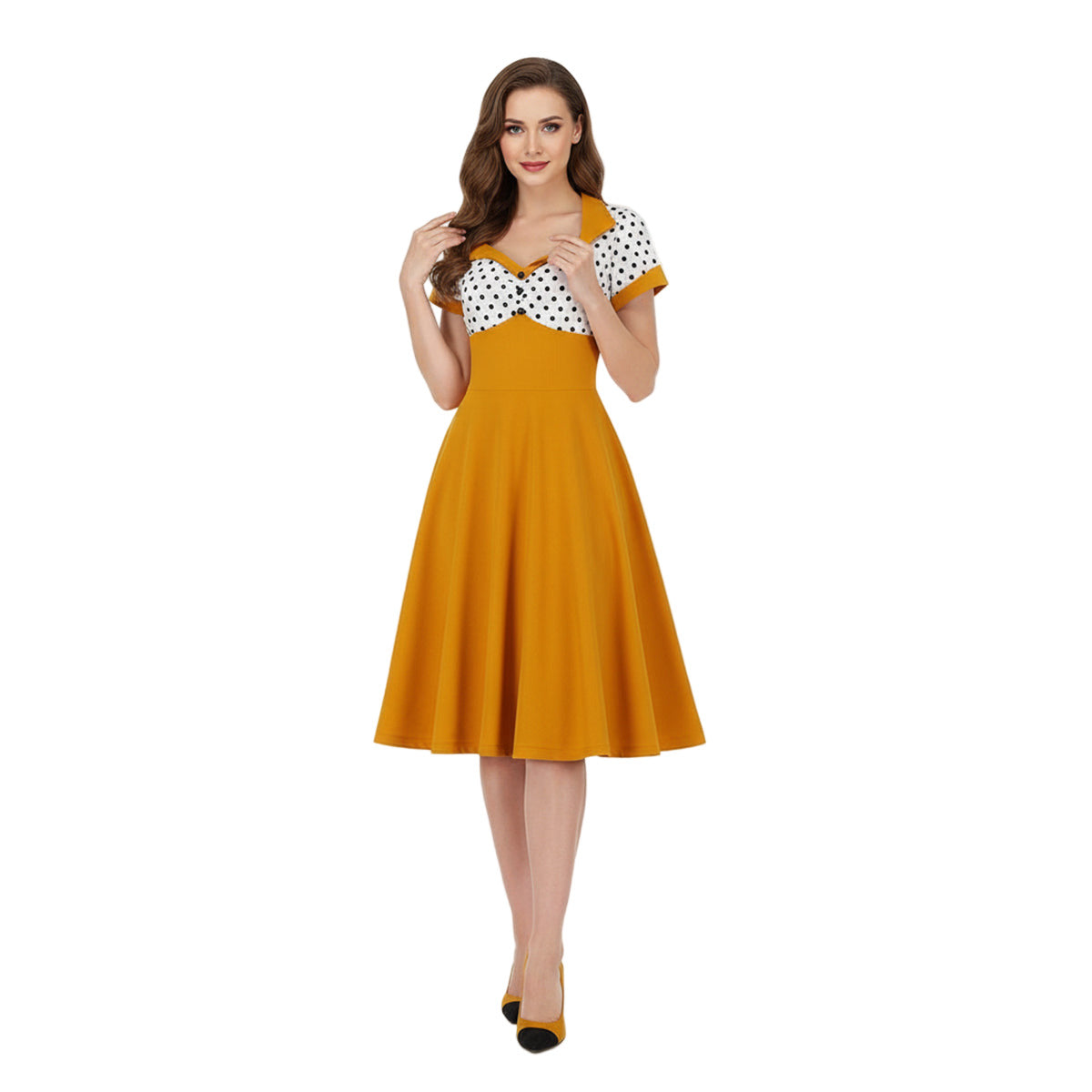 Women's 1950s Polka Dot Patchwork Sweetheart Neck Short Sleeve A-Line Dress