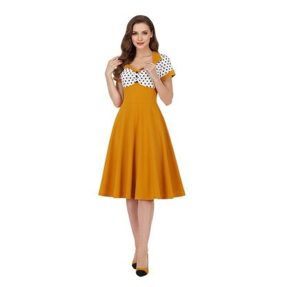 Women's 1950s Polka Dot Patchwork Sweetheart Neck Short Sleeve A-Line Dress