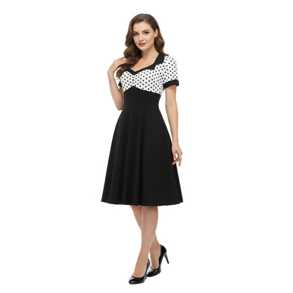 Women's 1950s Polka Dot Patchwork Sweetheart Neck Short Sleeve A-Line Dress