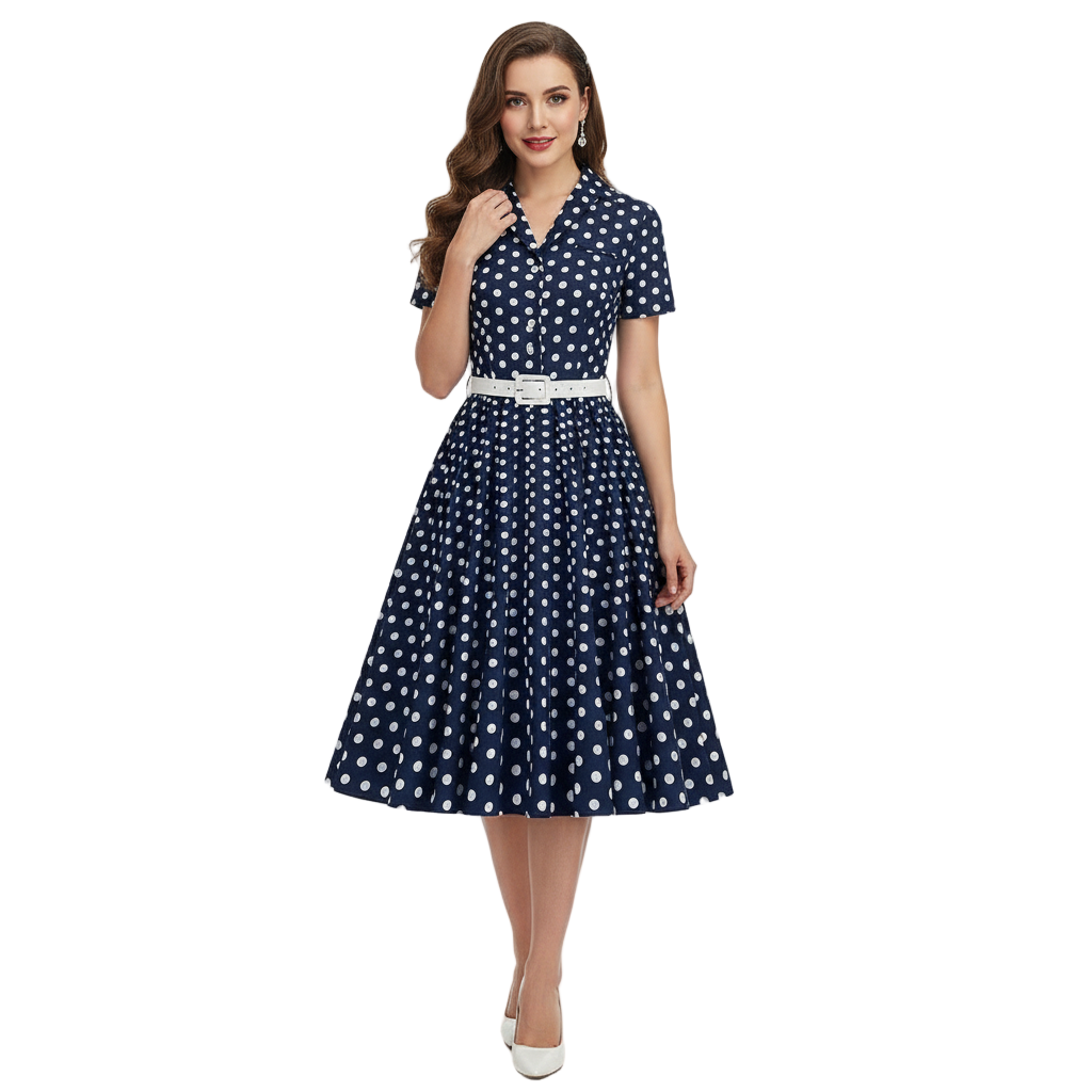 Women's 1950s Polka Dot Lapel Collar Swing Shirt Dress