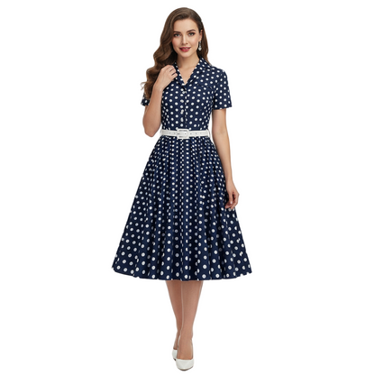 Women's 1950s Polka Dot Lapel Collar Swing Shirt Dress