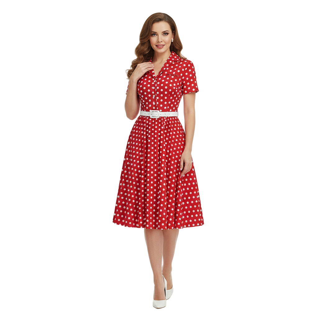 Women's 1950s Polka Dot Lapel Collar Swing Shirt Dress