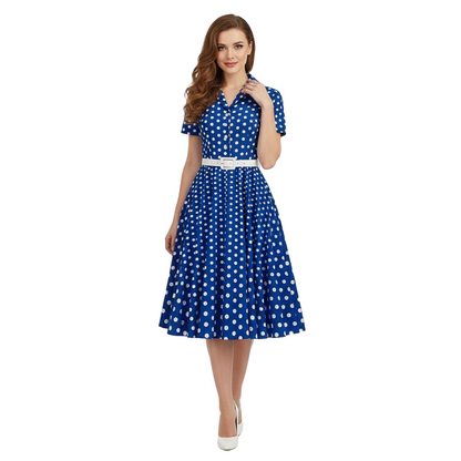 Women's 1950s Polka Dot Lapel Collar Swing Shirt Dress