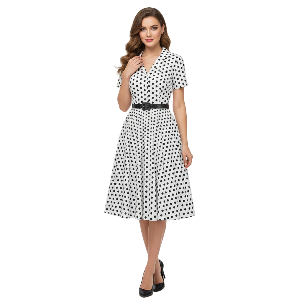 Women's 1950s Polka Dot Lapel Collar Swing Shirt Dress