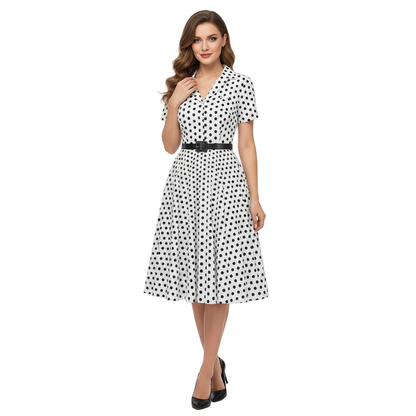 Women's 1950s Polka Dot Lapel Collar Swing Shirt Dress