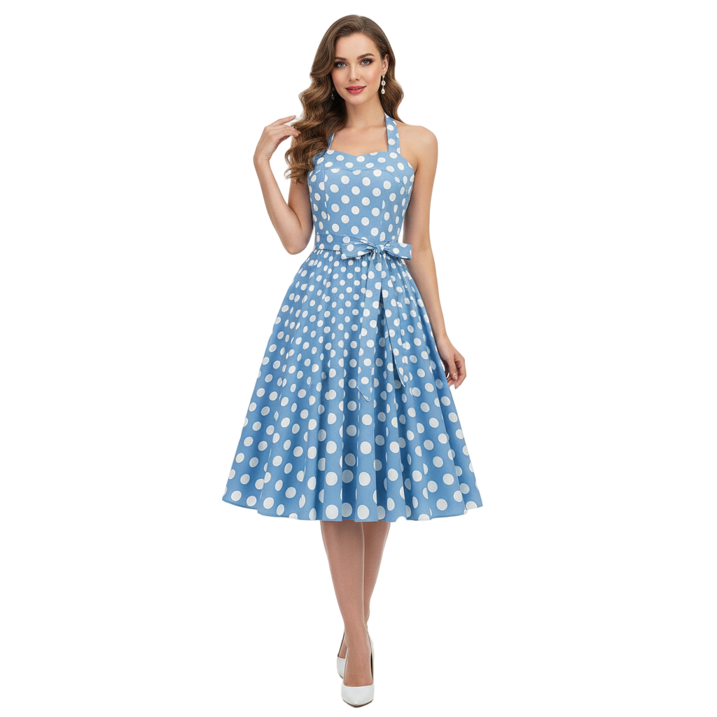 Women's 1950s Polka Dot Halter Neck Flare Dress