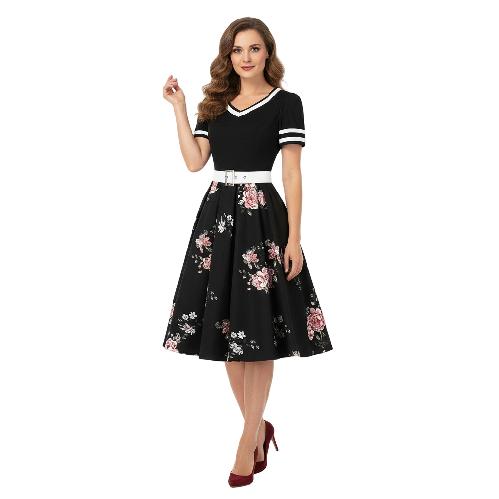 Women's 1950s Floral V-Neck Short Sleeve Swing Dress