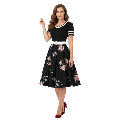 Women's 1950s Floral V-Neck Short Sleeve Swing Dress