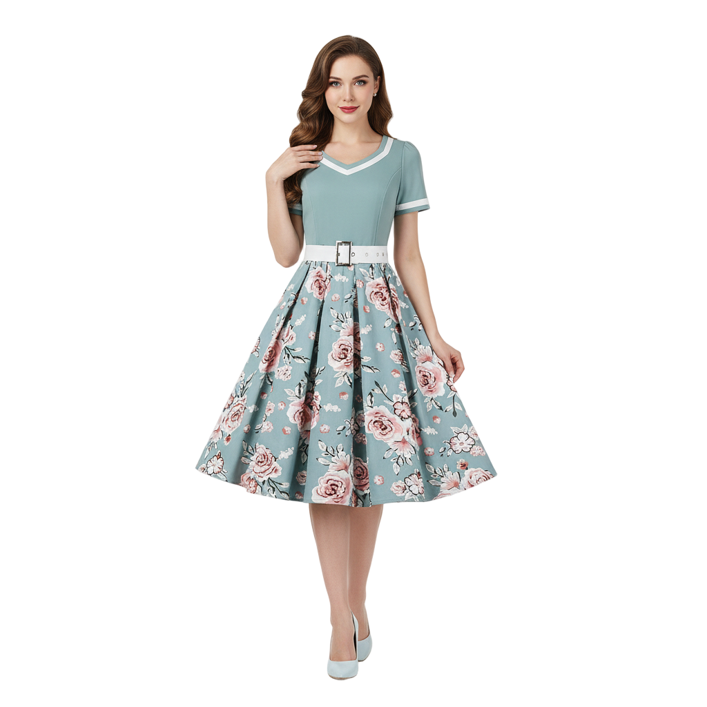 Women's 1950s Floral V-Neck Short Sleeve Swing Dress
