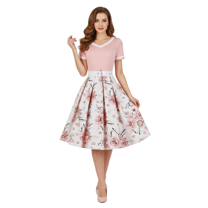 Women's 1950s Floral V-Neck Short Sleeve Swing Dress