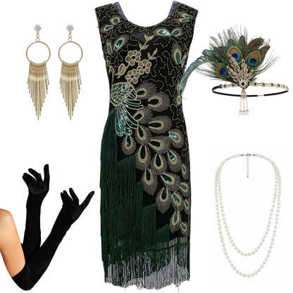 Green Tassel Peacock Flapper Dress with Accessories Set