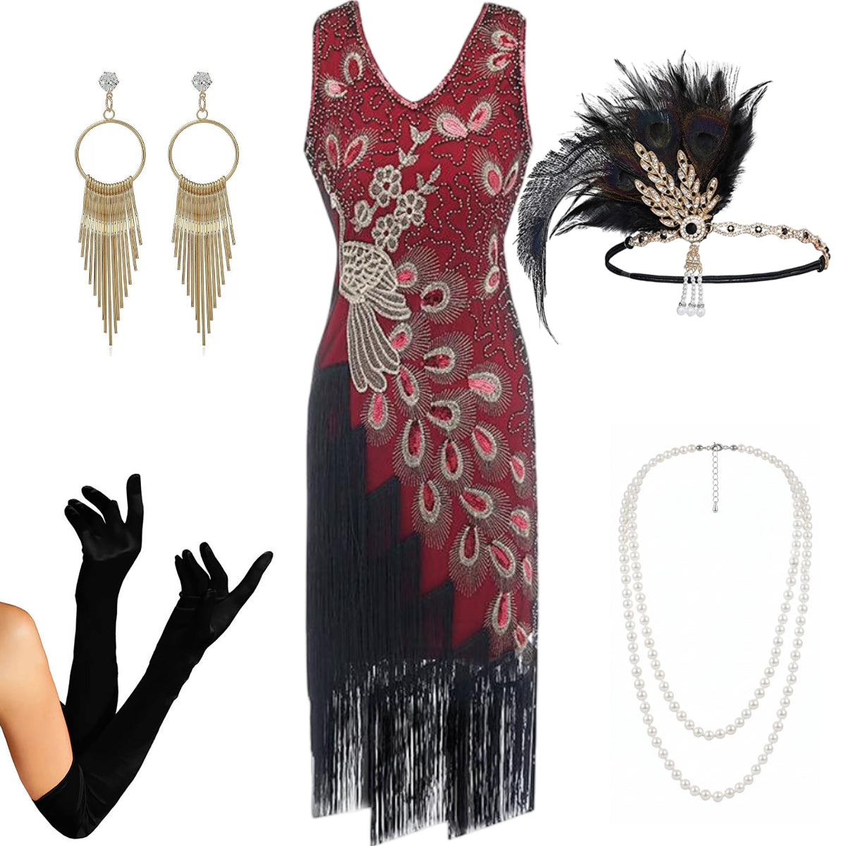 Irregular Tassel Peacock Flapper Dress with Accessories Set