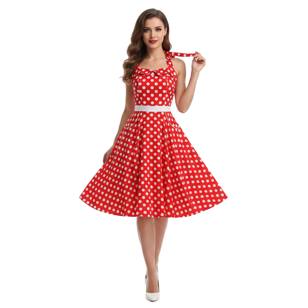 Women's 1950s Polka Dot Halter Neck Swing Dress