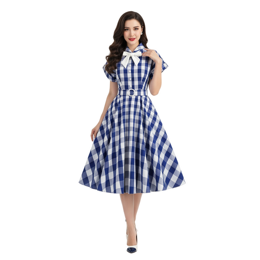 Women's 1950s Gingham Plaid Bow Tie Collar Swing Dress