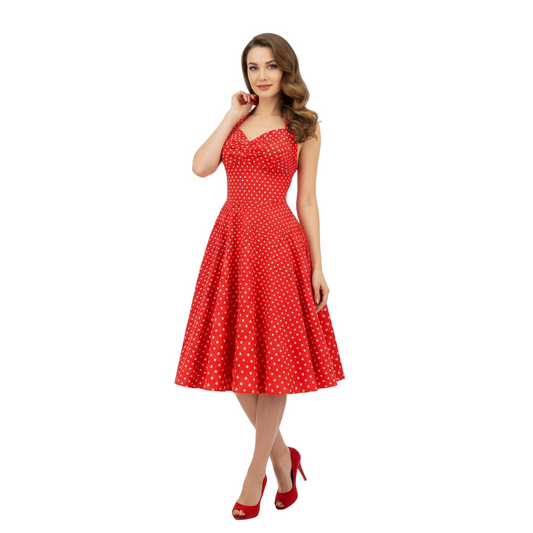 Women's 1950s Polka Dot Halter Neck Swing Dress