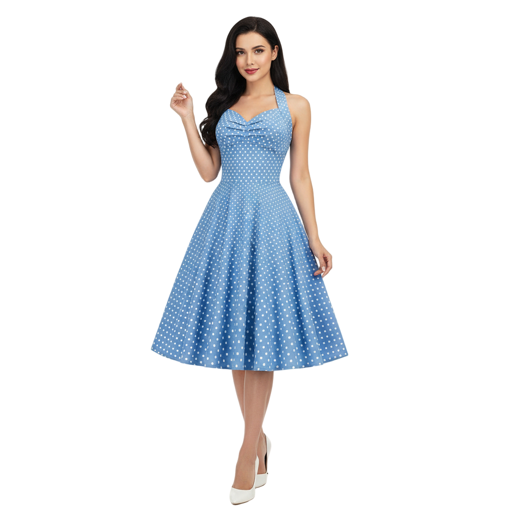 Women's 1950s Polka Dot Halter Neck Swing Dress
