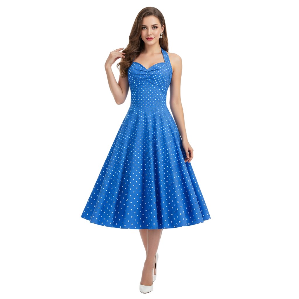 Women's 1950s Polka Dot Halter Neck Swing Dress