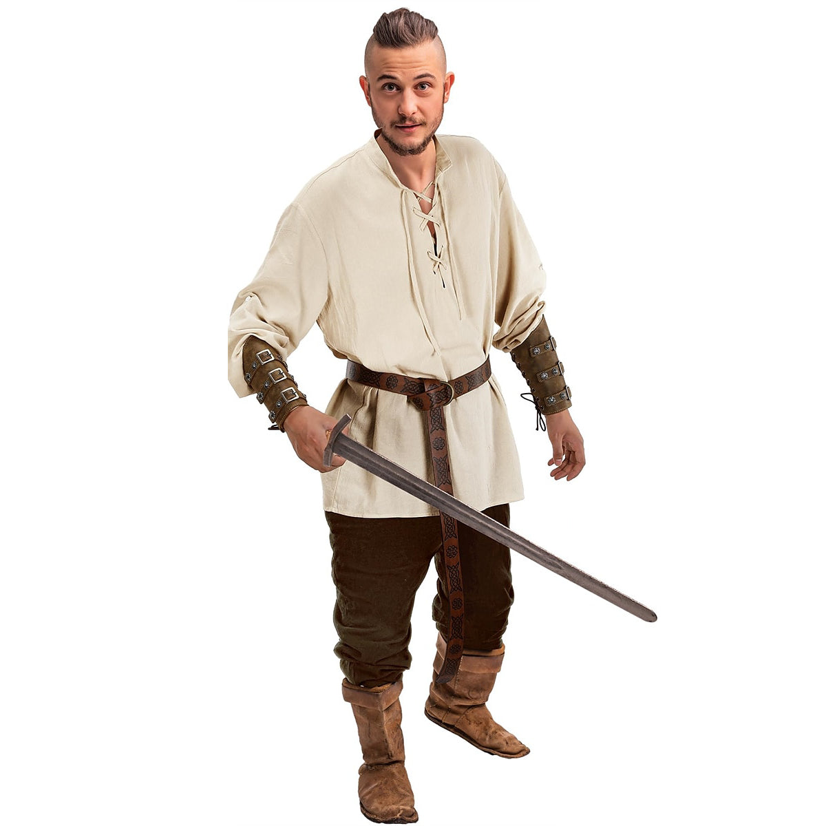 Outfit-Set im Piraten- und Wikingerstil: Hemd, Hose, Hüftgürtel 