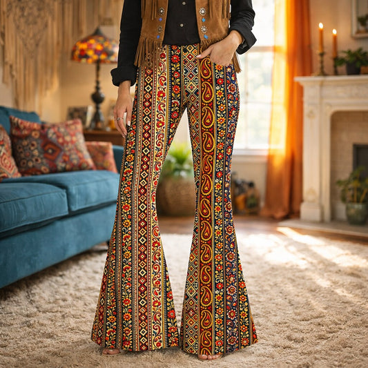 Retro 70s Boho Paisley Stripe High Waist Wide Flared Trousers