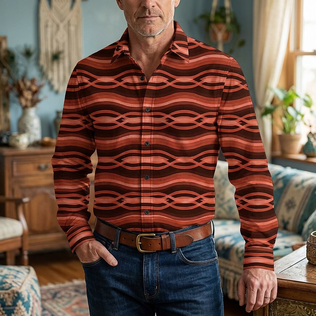 Retro 70S Wavy Geometric Stripe Pattern Long Sleeves Collar Shirt