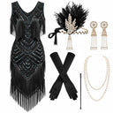 Women's Black 1920s Chevron Fringe 6-Piece Set