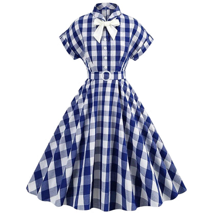 Women's 1950s Gingham Plaid Bow Tie Collar Swing Dress