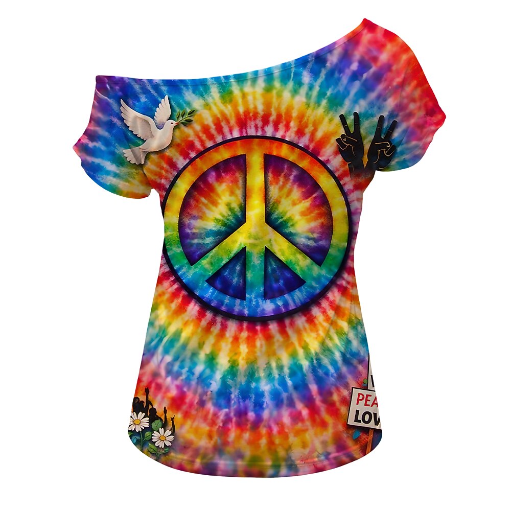 Retro 70s Peace Symbol Tie-Dye One Shoulder Short Sleeves T-shirt