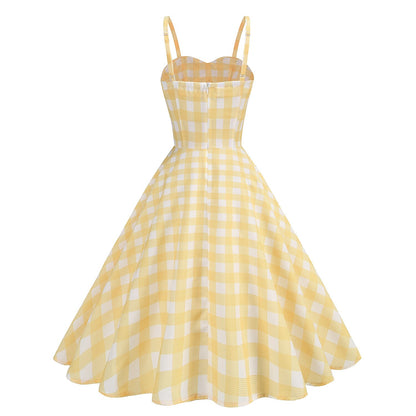 Women's 1950s Gingham Plaid Spaghetti Strap Sweetheart Swing Dress