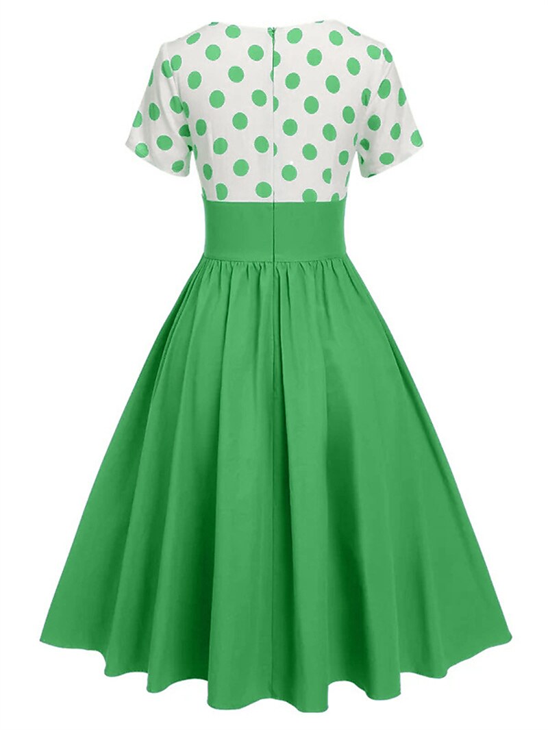 Women's 1950s Polka Dot V-Neck High Waist Swing Dress