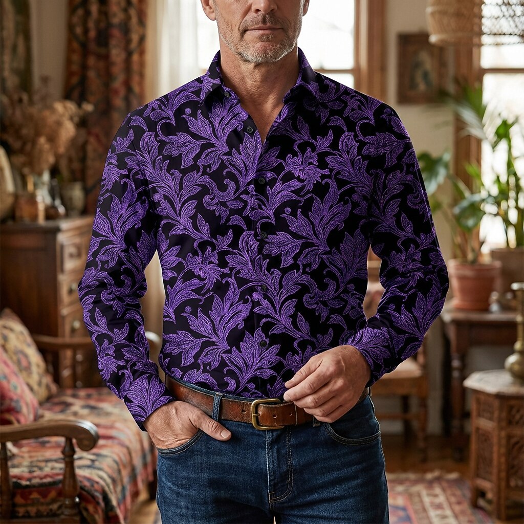 Retro 70S Vintage Baroque Floral Pattern Long Sleeves Collar Shirt