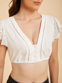 Cotton Cropped Dirndl Blouse with Eyelet Lace Flutter Sleeves