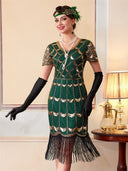 Vestido flapper verde con patrón de lentejuelas