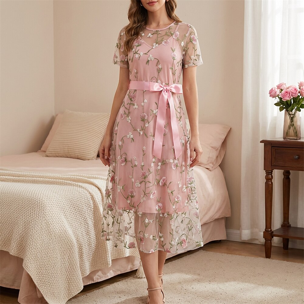 Floral Embroidered Mesh Midi Dress