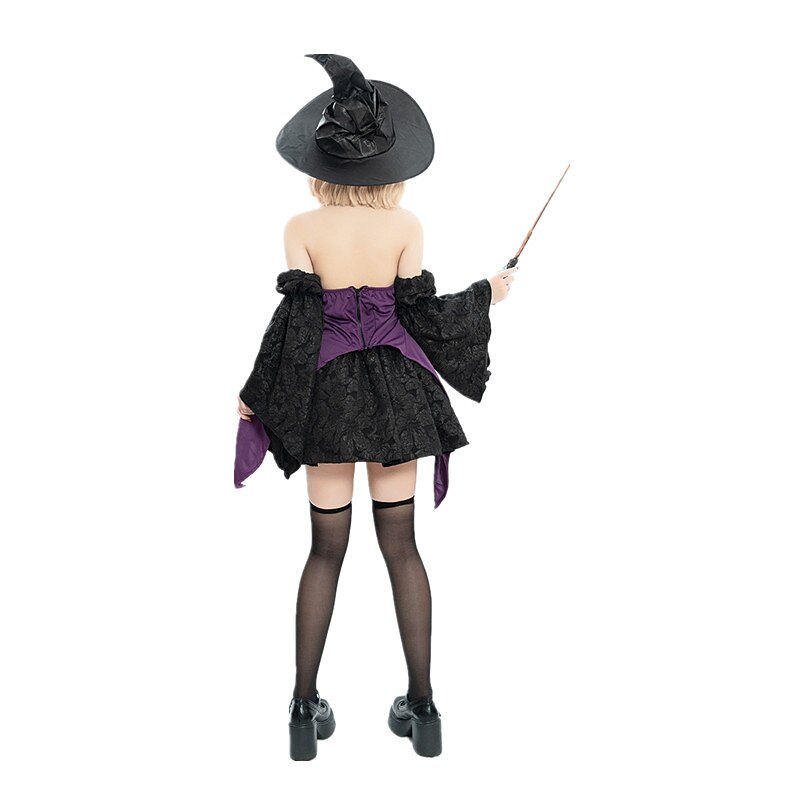 Gothic Witch Costume Black Purple Corset Mini Dress with Hat