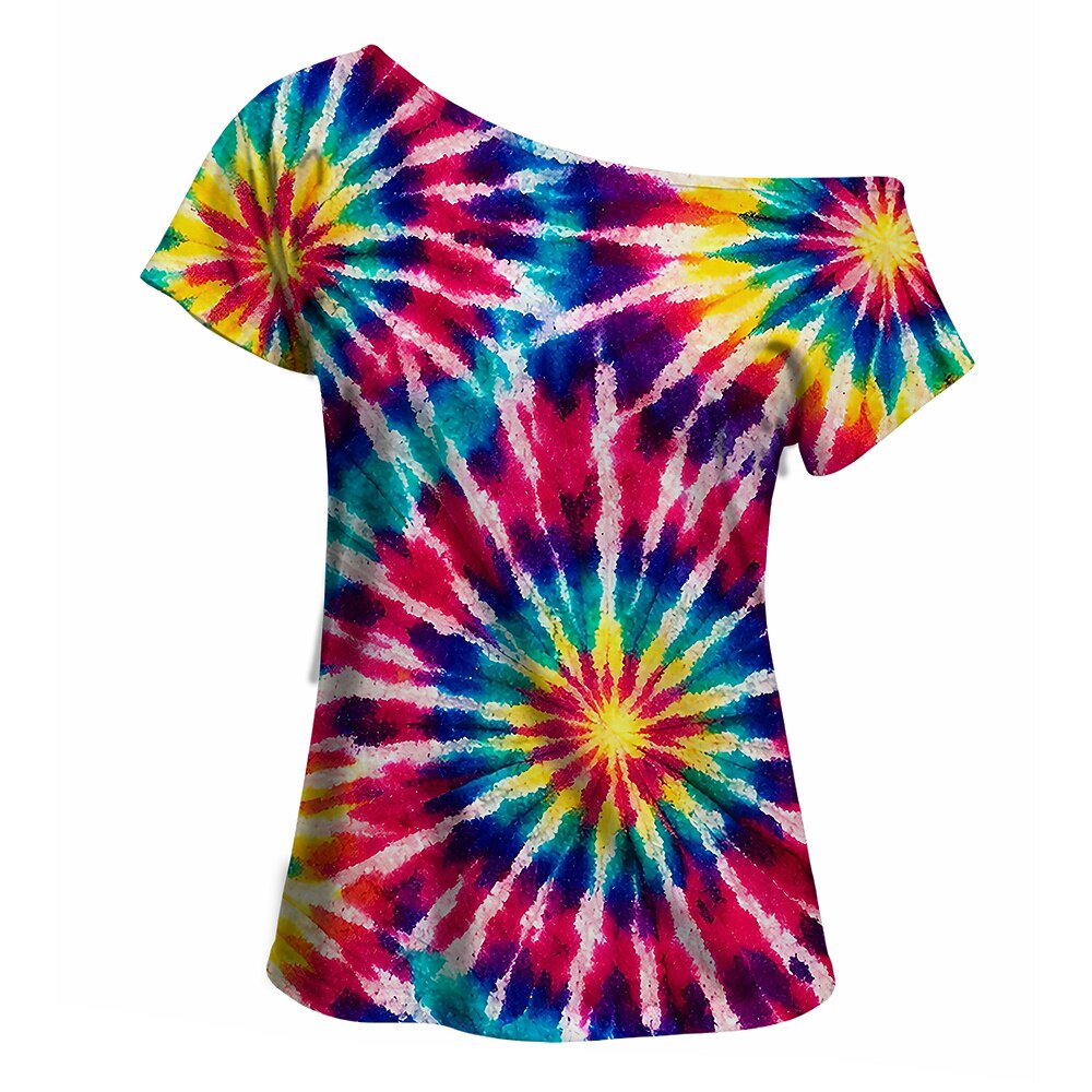 Retro 70s Multi-Starburst Tie-Dye One Shoulder Short Sleeves T-shirt