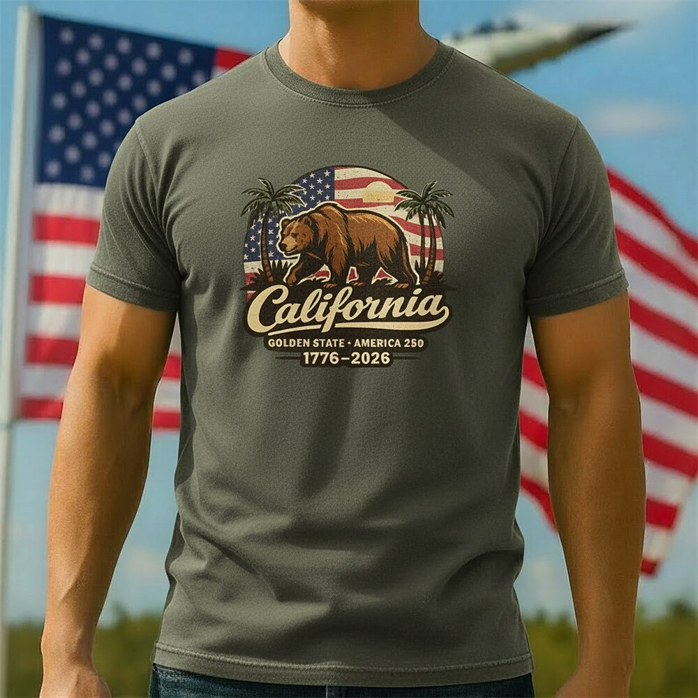 Men's American 250th California Bear West Coast Patriotic Printed T-shirt