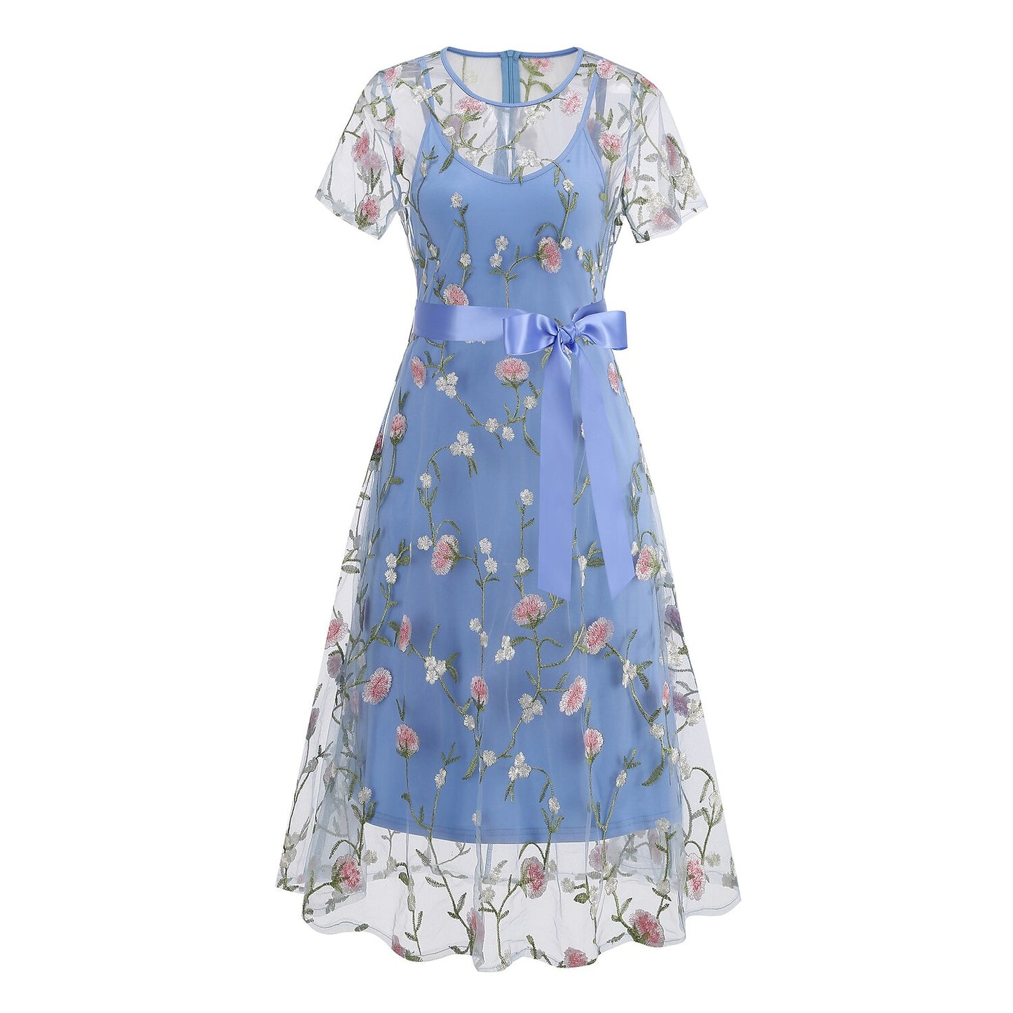 Floral Embroidered Mesh Midi Dress