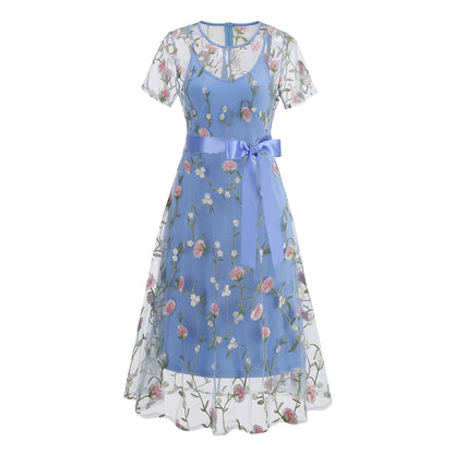 Floral Embroidered Mesh Midi Dress