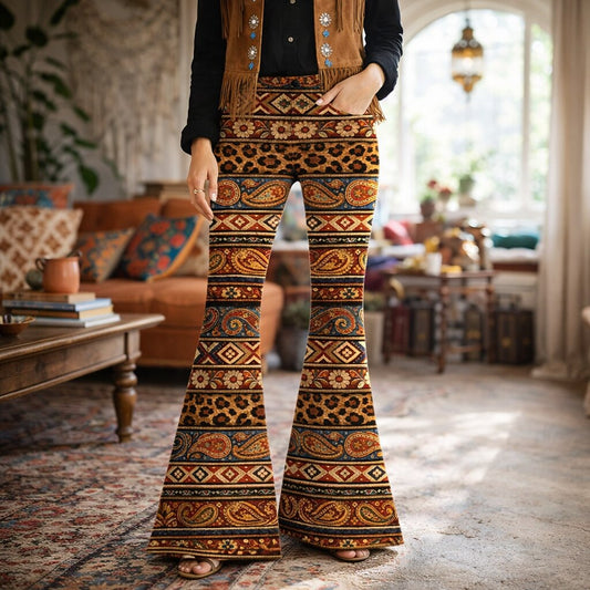 Retro 70s Bohemian Paisley High Waist Wide Flared Trousers