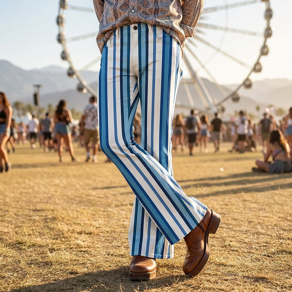 Retro 70s Blue and White Striped High Waist Wide Flared Trousers