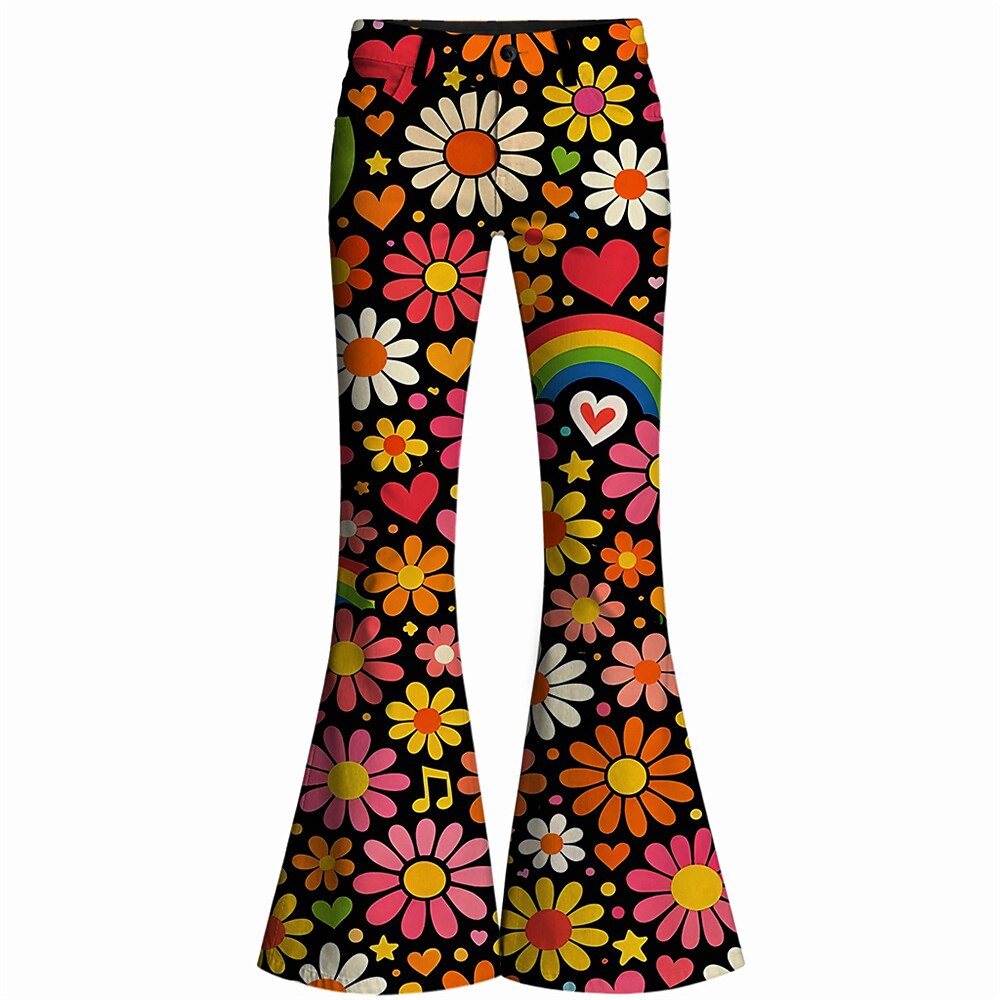 Retro 70s Floral Hearts Music Notes Rainbow High Waist Wide Flared Trousers