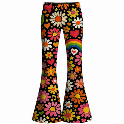 Retro 70s Floral Hearts Music Notes Rainbow High Waist Wide Flared Trousers