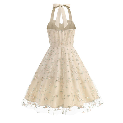 Floral Embroidered Halter Midi Dress