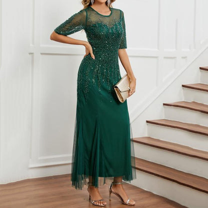 Elegant Beaded Half Sleeve Evening Gown