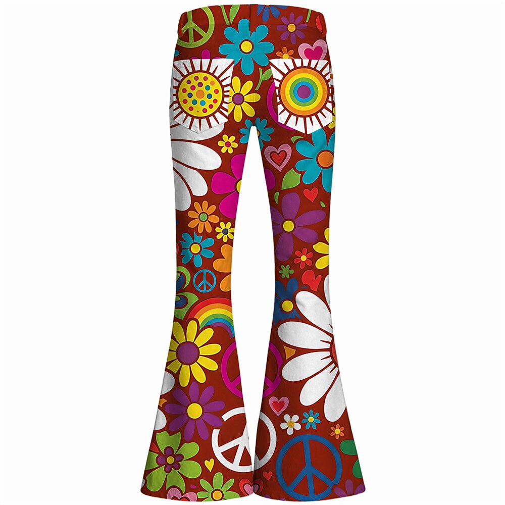 Retro 70s Peace Sign Floral Hearts High Waist Wide Flared Trousers