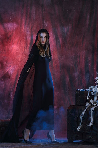 Gothic Witch Costume Black Hooded Long Dress