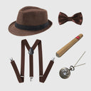 Set da uomo composto da gilet Gatsby marrone anni '20 e fedora, 6 pezzi