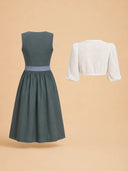 Dusty Blue Oktoberfest Dirndl & White Puff Sleeve Blouse Set