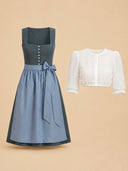 Dusty Blue Oktoberfest Dirndl & White Puff Sleeve Blouse Set